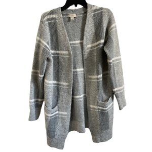 Loft Women's X-Small Grey White‎ Stripe Fuzzy Open Front Cardigan Oversized